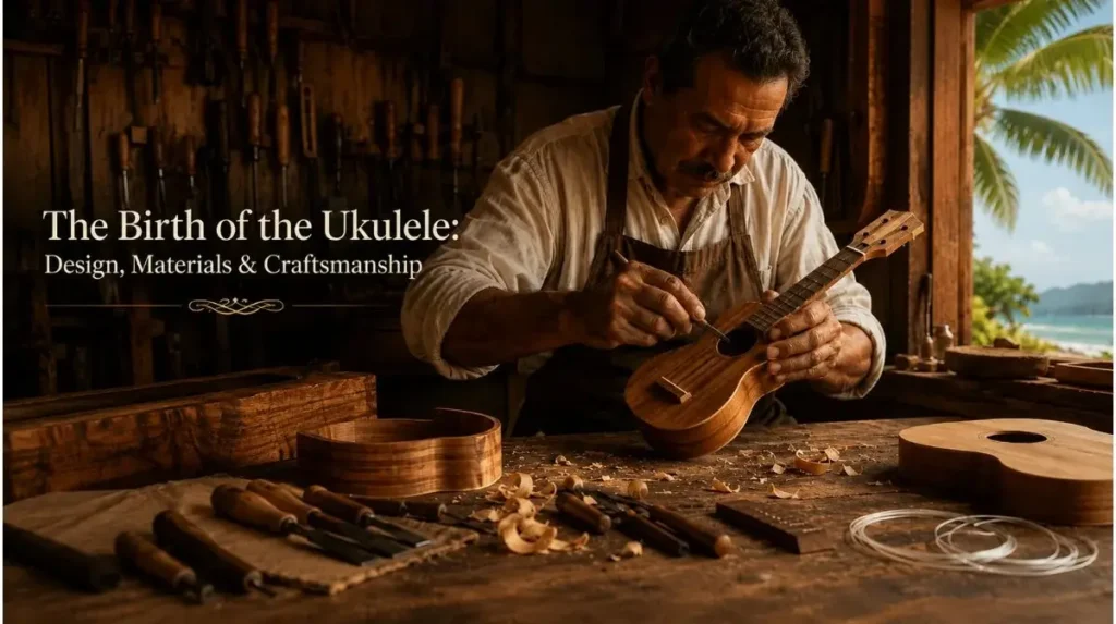 Craftsperson handcrafting a wooden ukulele in a traditional workshop, showing ukulele design, materials, and craftsmanship.