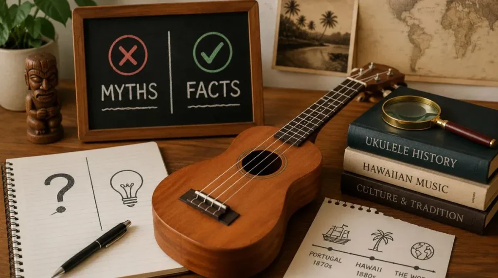Ukulele history research scene with a wooden ukulele, myth and fact symbols, old maps, books, and a magnifying glass.