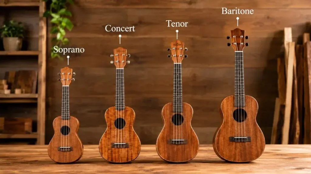Different types of ukuleles labeled soprano, concert, tenor, and baritone on a wooden table.