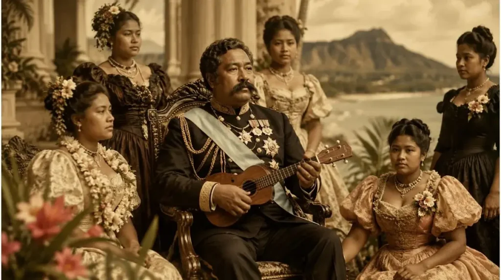 Vintage-style portrait of King Kalakaua holding a ukulele with Hawaiian royalty on a palace veranda overlooking Diamond Head.