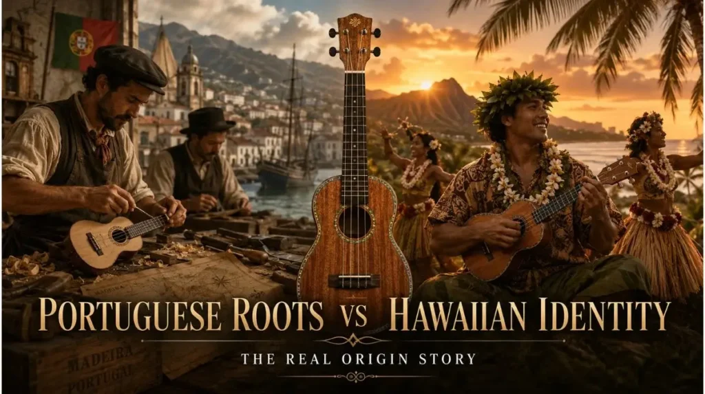 Ukulele origin story showing Portuguese roots and Hawaiian identity with Portuguese makers, Hawaiian musicians, and a central wooden ukulele.