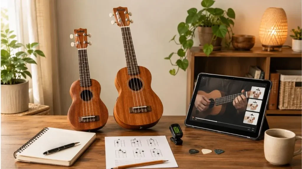 Beginner ukulele learning setup with two ukuleles, online lesson tablet, chord sheet, notebook, tuner, and picks.