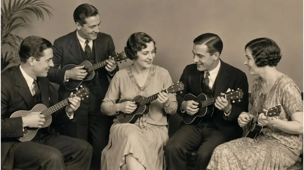 Vintage 1920s American musicians playing ukuleles together in a simple nostalgic indoor scene.