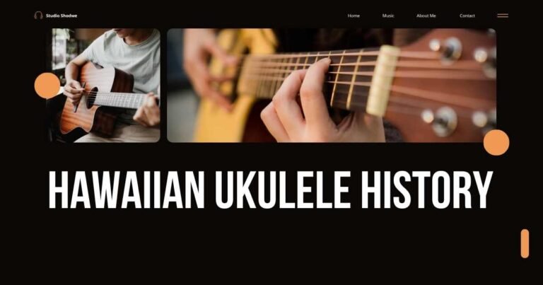 Two close-up images of people playing acoustic guitars above the heading "Hawaiian Ukulele History" on a modern black-themed webpage.