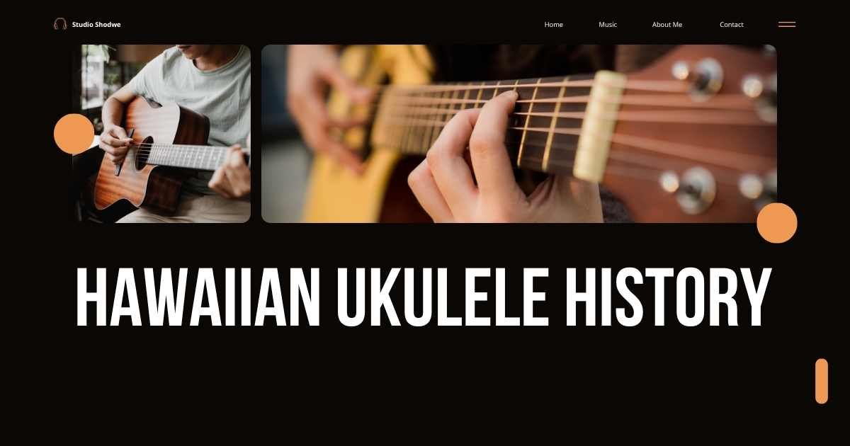 Two close-up images of people playing acoustic guitars above the heading "Hawaiian Ukulele History" on a modern black-themed webpage.