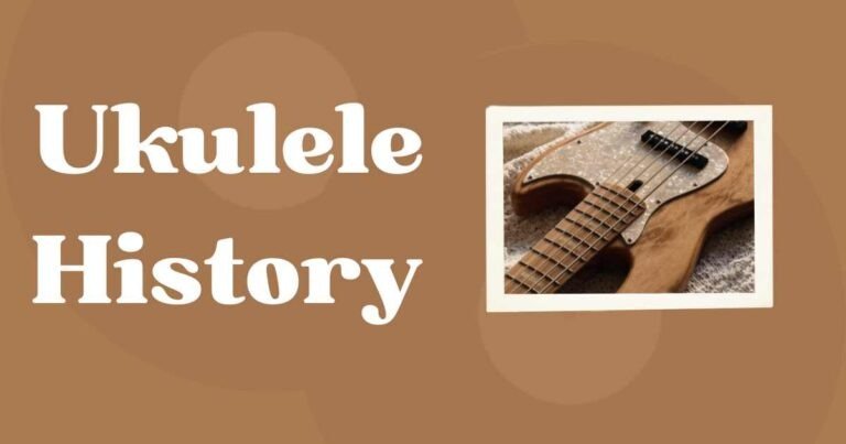 Graphic featuring the text "Ukulele History" alongside a close-up photo of a wooden ukulele on a warm brown background.