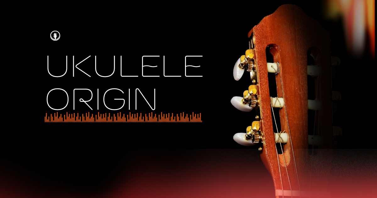 A presentation slide titled "Ukulele Origin" with a close-up view of a wooden ukulele headstock on the right, white text on a black background, and an orange soundwave graphic below the title.