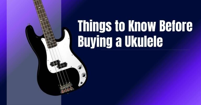 Banner with the text "Things to Know Before Buying a Ukulele" alongside a black electric bass guitar on a purple and blue background.