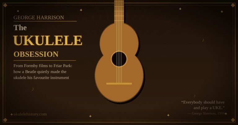 George Harrison ukulele silhouette against a warm vintage music hall background with gold typography