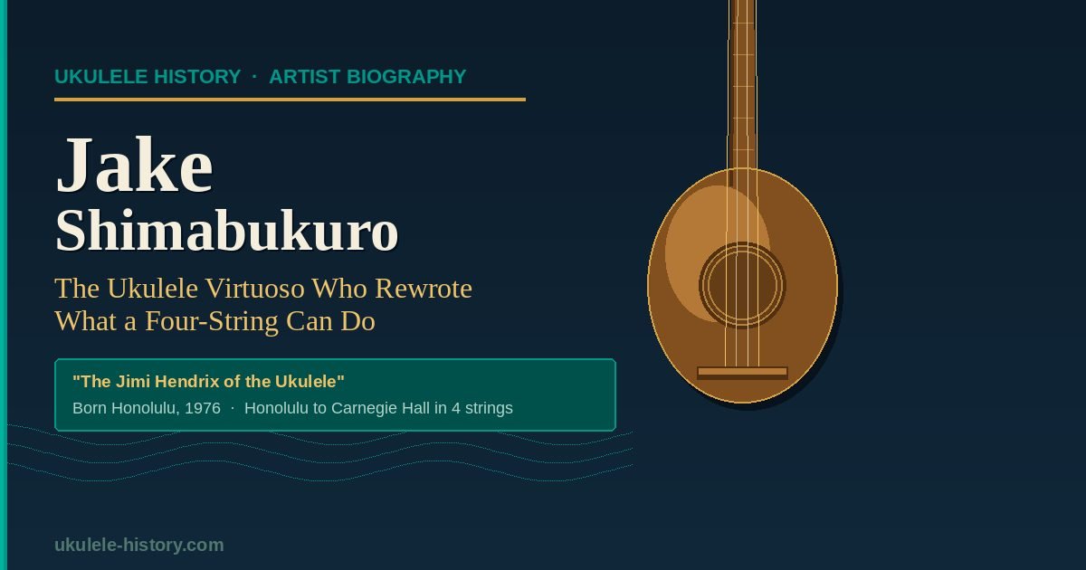 Jake Shimabukuro biography — illustrated ukulele portrait in deep ocean teal and koa wood gold