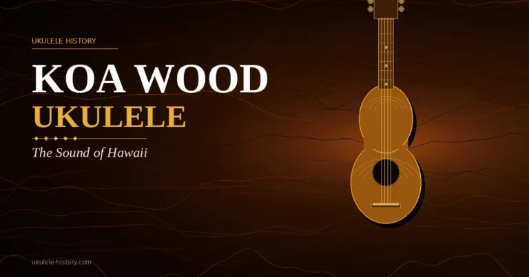 Koa wood ukulele silhouette against a warm amber and deep brown Hawaiian hardwood-grain background