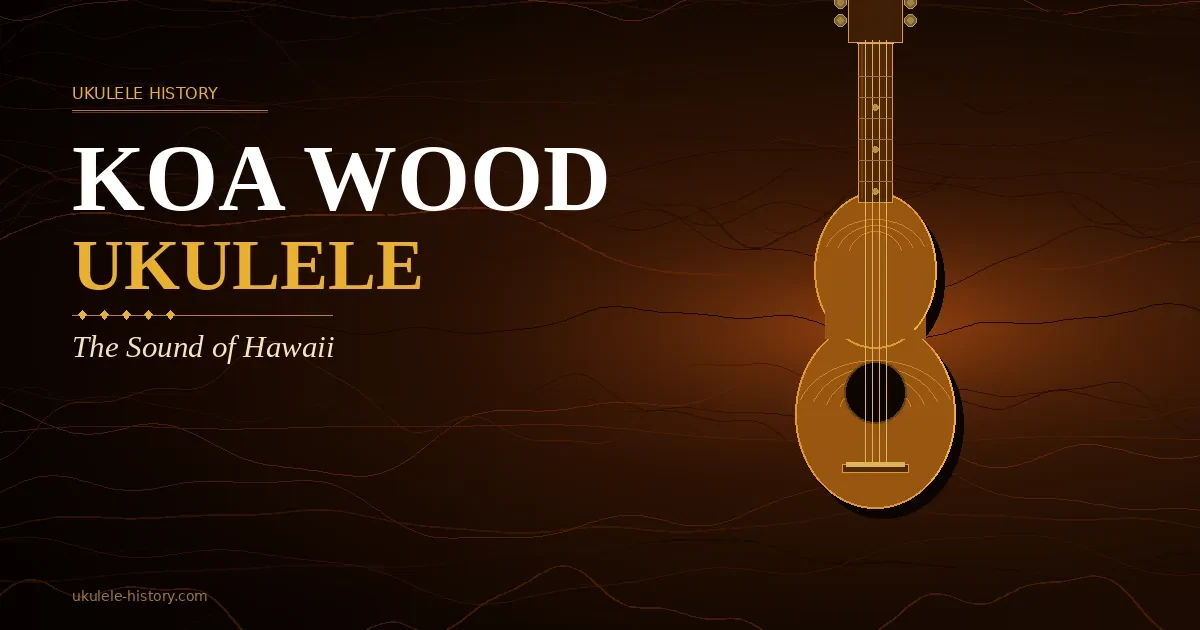 Koa wood ukulele silhouette against a warm amber and deep brown Hawaiian hardwood-grain background