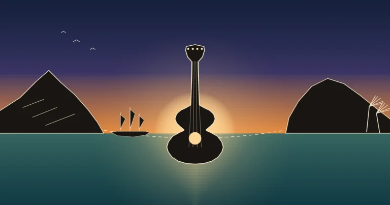 Portuguese ukulele origin illustrated as a ship sailing from Madeira's cliffs to Hawaii's shores at dusk.