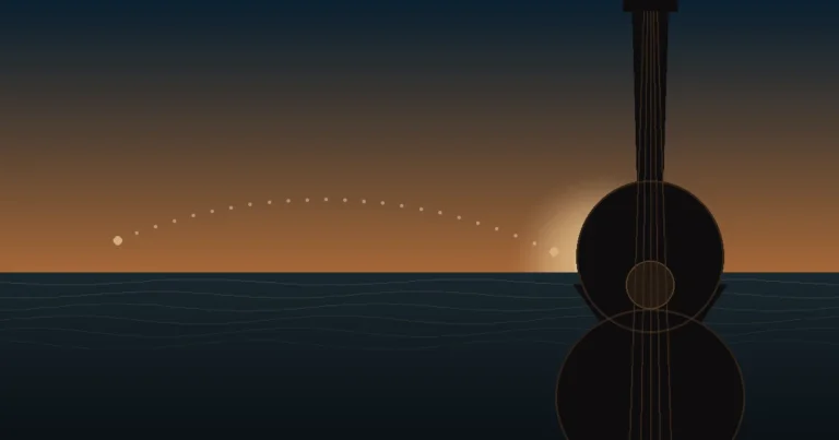 Rajão instrument silhouette over an ocean sunset linking Madeira and Hawaii
