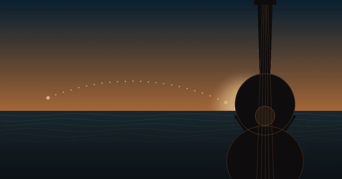 Rajão instrument silhouette over an ocean sunset linking Madeira and Hawaii