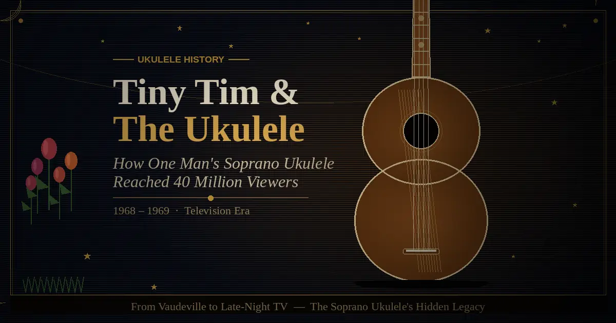 Tiny Tim soprano ukulele illustrated against a deep navy vintage background with tulips and gold star accents