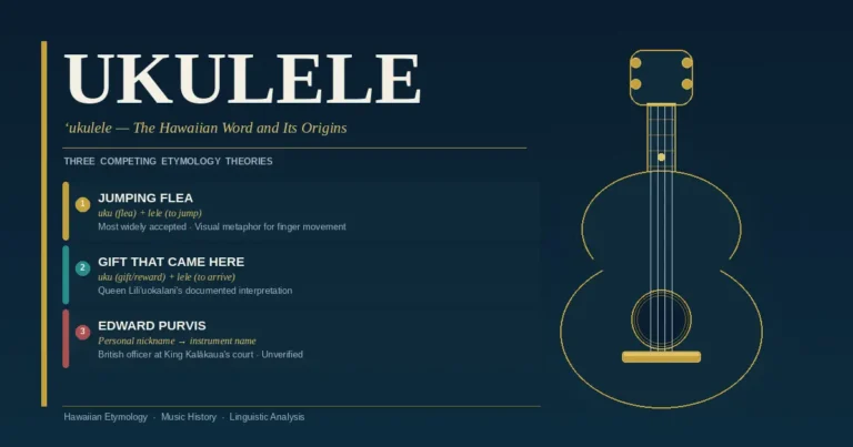 Ukulele meaning in Hawaiian — three competing etymology theories: jumping flea, gift that came here, and Edward Purvis