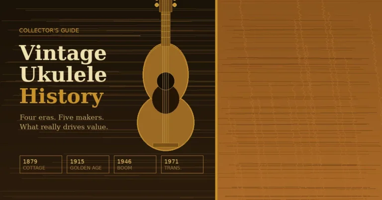 Vintage ukulele silhouette against koa wood grain panel with collector's era timeline and golden typography