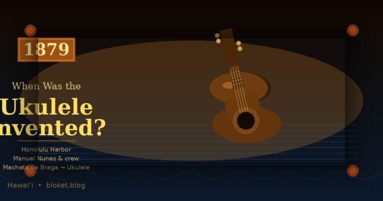 when was the ukulele invented — ukulele silhouette with 1879 origin date, Honolulu Hawaii