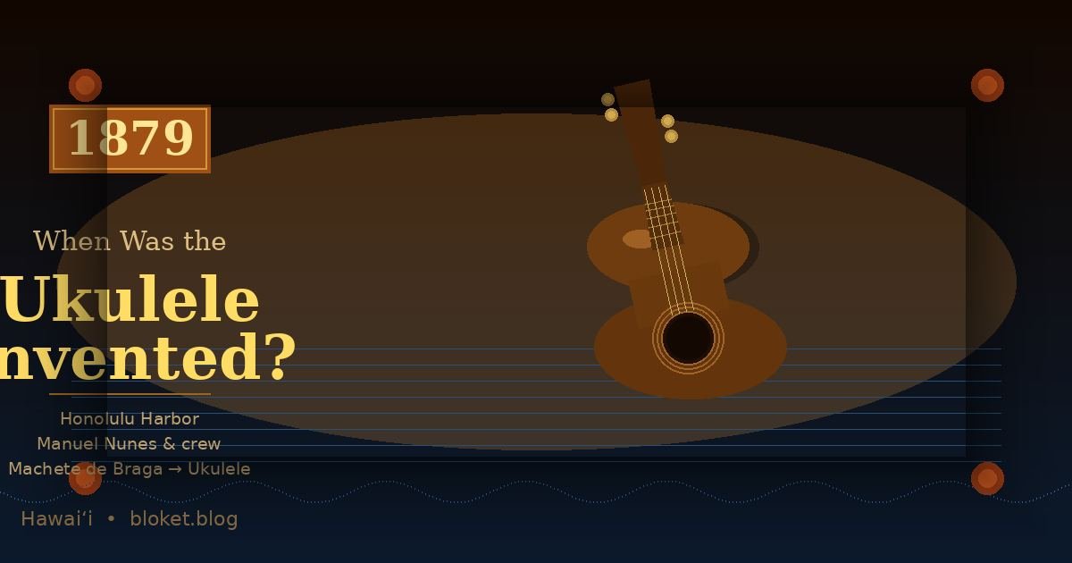 when was the ukulele invented — ukulele silhouette with 1879 origin date, Honolulu Hawaii